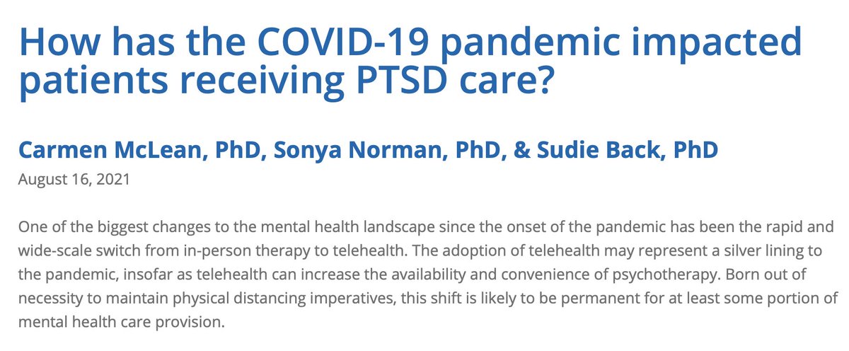 How has the COVID-19 pandemic impacted patients receiving PTSD care? Check out our new #ISTSS #trauma blog- bit.ly/3Bv5dWG
@CarmenMcLeanPhD
<a href="/SonyaBN/">Sonya Norman</a>
<a href="/DrSudieBack/">Sudie E. Back, PhD</a>
<a href="/VA_PTSD_Info/">Nat'l Ctr. for PTSD</a>
#PTSD #Veterans #mentalhealth