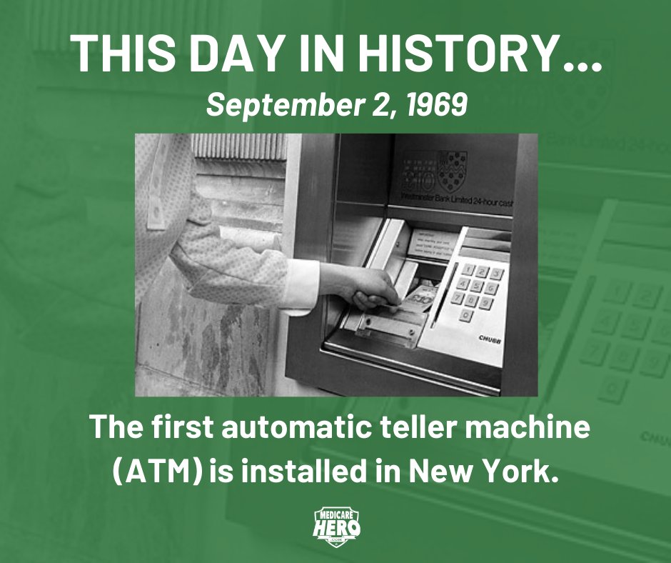 MedicareHero's tweet photo. Crazy to think the first ATM was installed 52 years ago! It made its first public debut, dispensing cash to customers at the Chemical Bank in Rockville Centre, New York. https://t.co/3z3wtULiFy https://t.co/AQQSmDoaL8