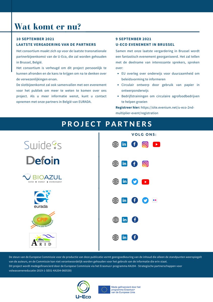 Eurada_RDAs's tweet photo. De 5e en laatste nieuwsbrief van #UEcoProject is nu uit! Hoogtepunten zijn info over ons komende publieksevenement over het promoten van #CircularEconomy via onderwijs en opleiding.♻️🎓
Registreer en ontdek de gastsprekers hier.🖱️➡️https://t.co/Ea1YXpURqX https://t.co/jQOORee56S