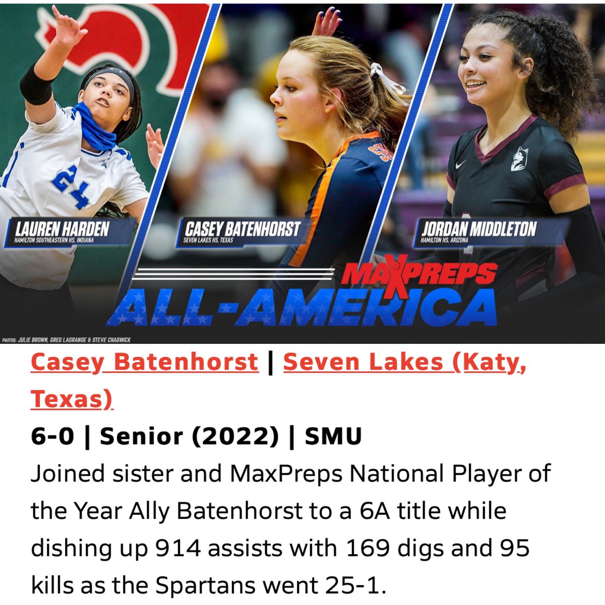 BIG congrats to senior, setter &amp; captain CASEY BATENHORST on making the Preseason MaxPreps All American First Team!!! Keep up the good work, <a href="/caseyybate/">Casey Batenhorst</a> 💙🧡