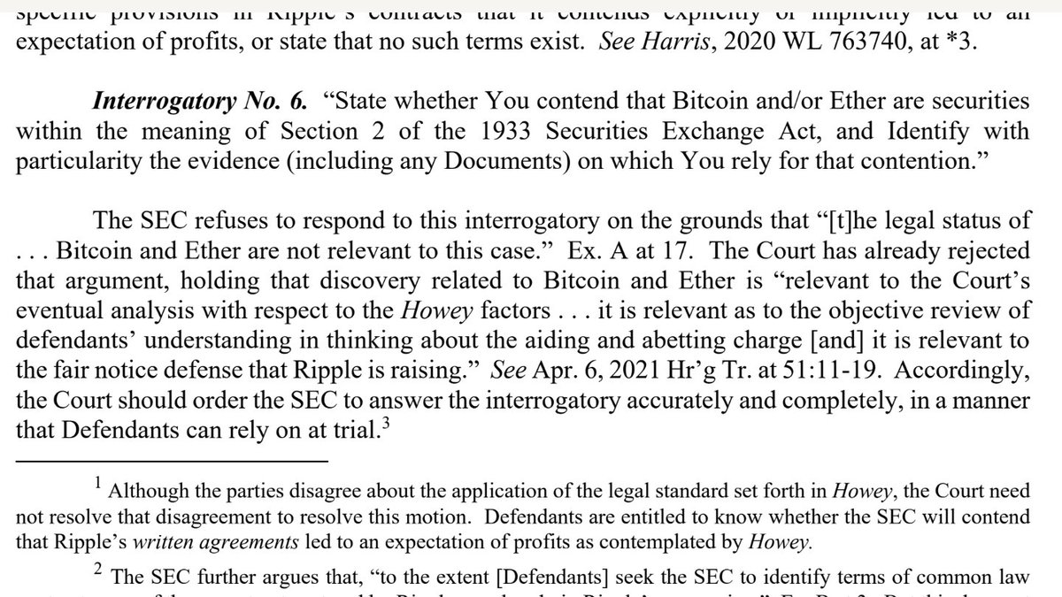 Busy at work yesterday so I missed this AMAZING filing from Ripple - its Motion to Compel responses to Interrogatories.

For e.g.: Ripple asks the question we have asked to Chair Gensler - "Is Ether a security?" and they haven't yet but I believe the SEC will be FORCED to answer.