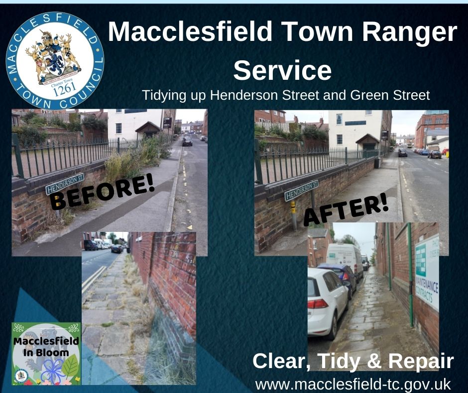MaccRanger's tweet photo. Responding to facebook requests we've been tidying up Henderson Street and Green Street removing weeds. #macclesfield #cleanandtidy https://t.co/rNphTnrPxe
