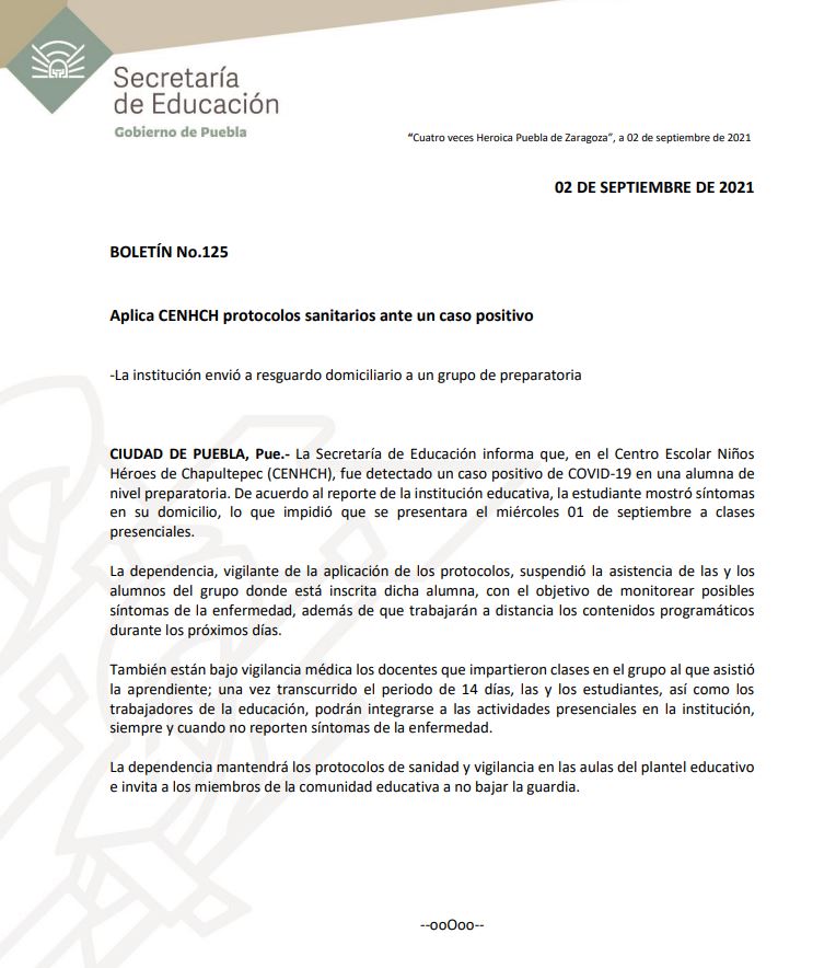 JCarlos_Valerio's tweet photo. La Secretaría de Educación confirma que se detectó un caso positivo de #Covid_19 en una alumna de preparatoria del CENHCH.  Su grupo fue enviado a resguardo domiciliario. #Puebla https://t.co/pk9pwIdmHh