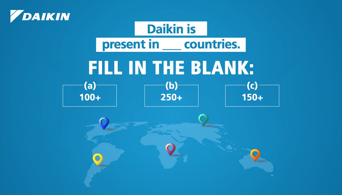 DaikinIndia's tweet photo. No matter where you go, you’re likely to find a #DaikinAC 🌬️! Can you tell us how many countries 🏢 we’re present in❓ Share your guesses in the comments.
#Daikin #daikinairconditioning #DaikinIndia #InnovatingForChange #coolair🌬️ #cleanair🍃 #comfortablespaces #coolingsolutions https://t.co/J39ijJTtVt