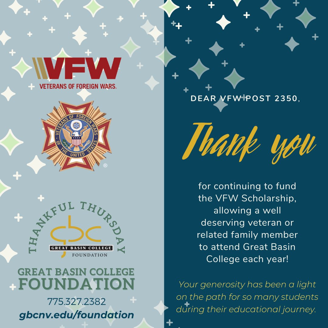 GBC_Foundation's tweet photo. We're thankful for the VFW Scholarship that is funded by the VFW Post 2350. It allows one deserving veteran or related family member to receive $1,500 toward Great Basin College tuition each year. Thank you, VFW, for continuing to fund this award! https://t.co/uMnXsODoGh