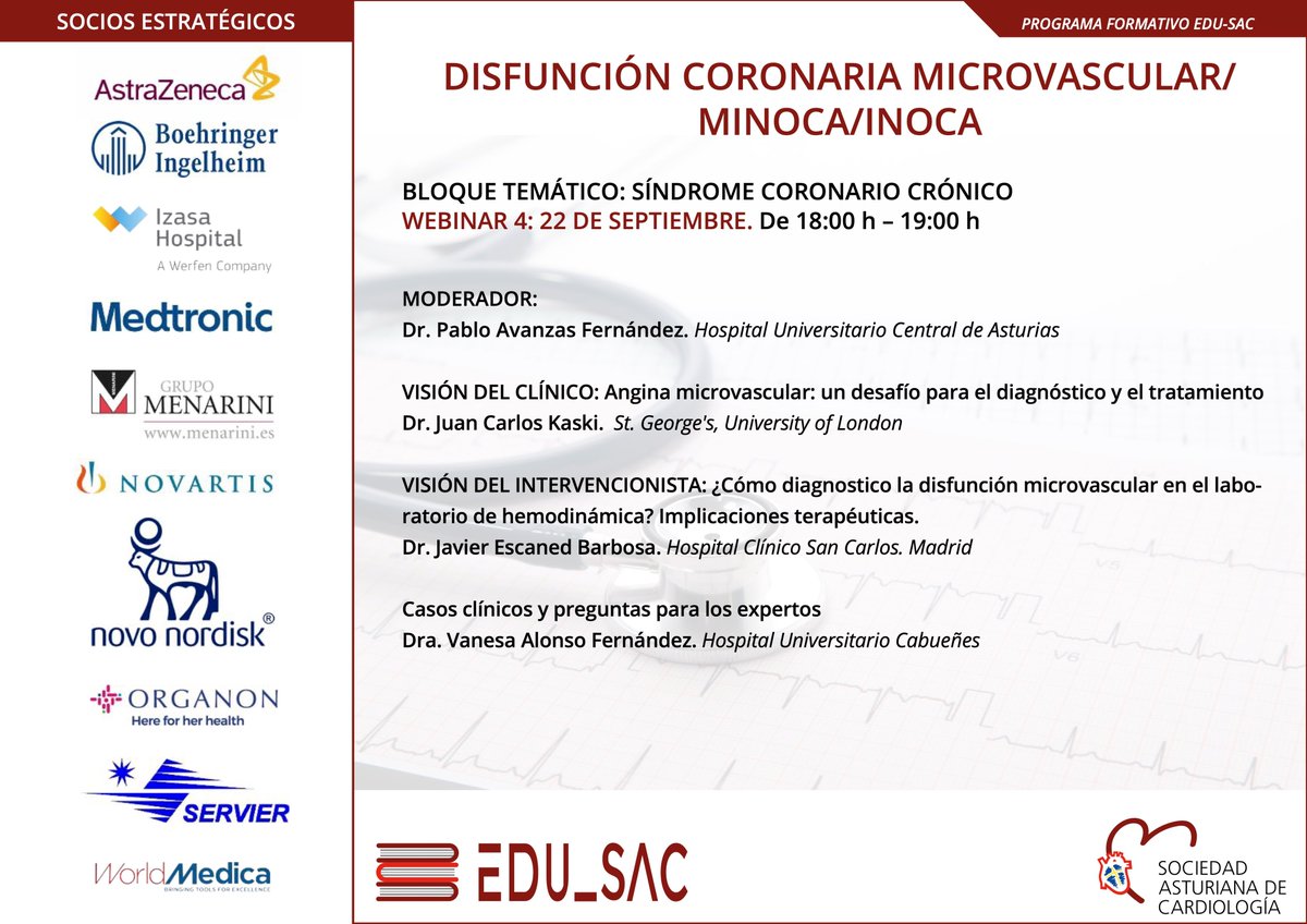 El próximo 22 de septiembre continuamos con el programa de formación Edu-SAC
Bloque temático: SÍNDROME CORONARIO CRÓNICO
Inscripción gratuita: sacardiologia.es/edu-sac/
Solicitada acreditación al SNS
📅 22 de septiembre
🕒 18:00 horas (Madrid)