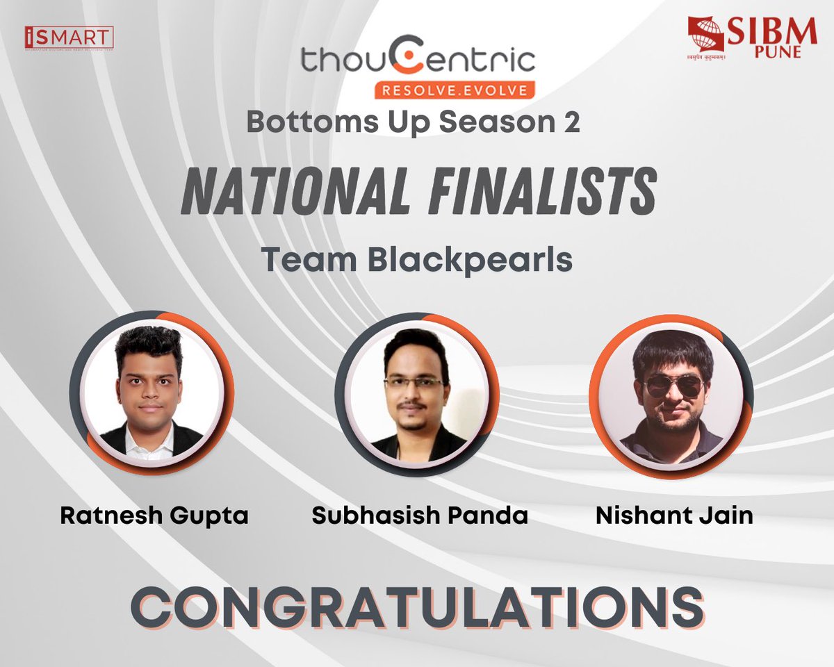 SIBMPune's tweet photo. SIBM Pune is delighted to announce that its students Ratnesh Gupta, Subhasish Panda and Nishant Jain of Team Blackpearls have made it to the National Finals of Thoucentric's Bottoms Up Season 2 Competition.

#SIBMPune #NationalFinalists #BottomsUpS2 #Thoucentric https://t.co/rEhnxKYIJt