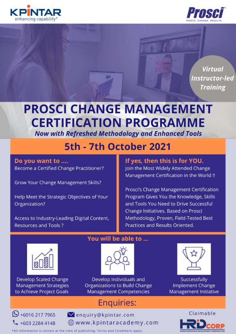 KPintarSB's tweet photo. Click here to find out more about the program - https://t.co/FpUS7riCf7 

To know more about how Prosci and change management can further help your organization and you, call us at +6016-217 7965 or email us at enquiry@kpintar.com to book a FREE consultation session with us. https://t.co/C48NIABKq4