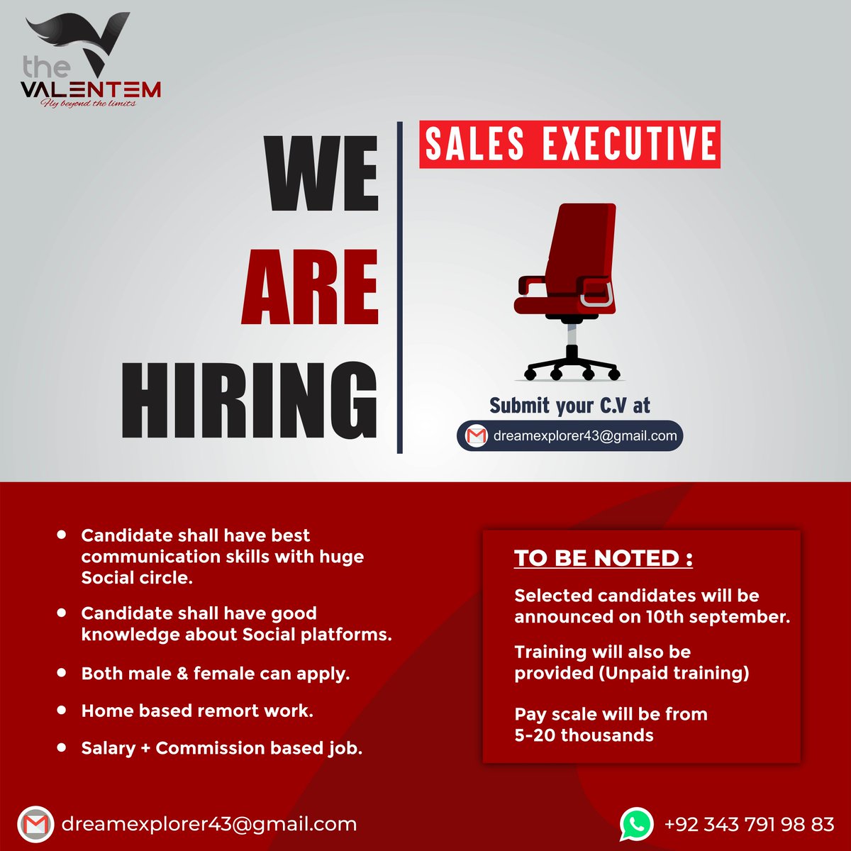 TValentem's tweet photo. Hey ingenious Peeps!! 
 
It's time to hasp The VALENTEM more laxly and dexterously because!!

We are hiring Sales Executives for flapping the VALENTEM to new heights!!
Submit Your C.V at
dreamexplorer43@gmail.com

Give yourself a chance to fly beyond the Limits!!

#thevalentem https://t.co/QdpnawNLMb