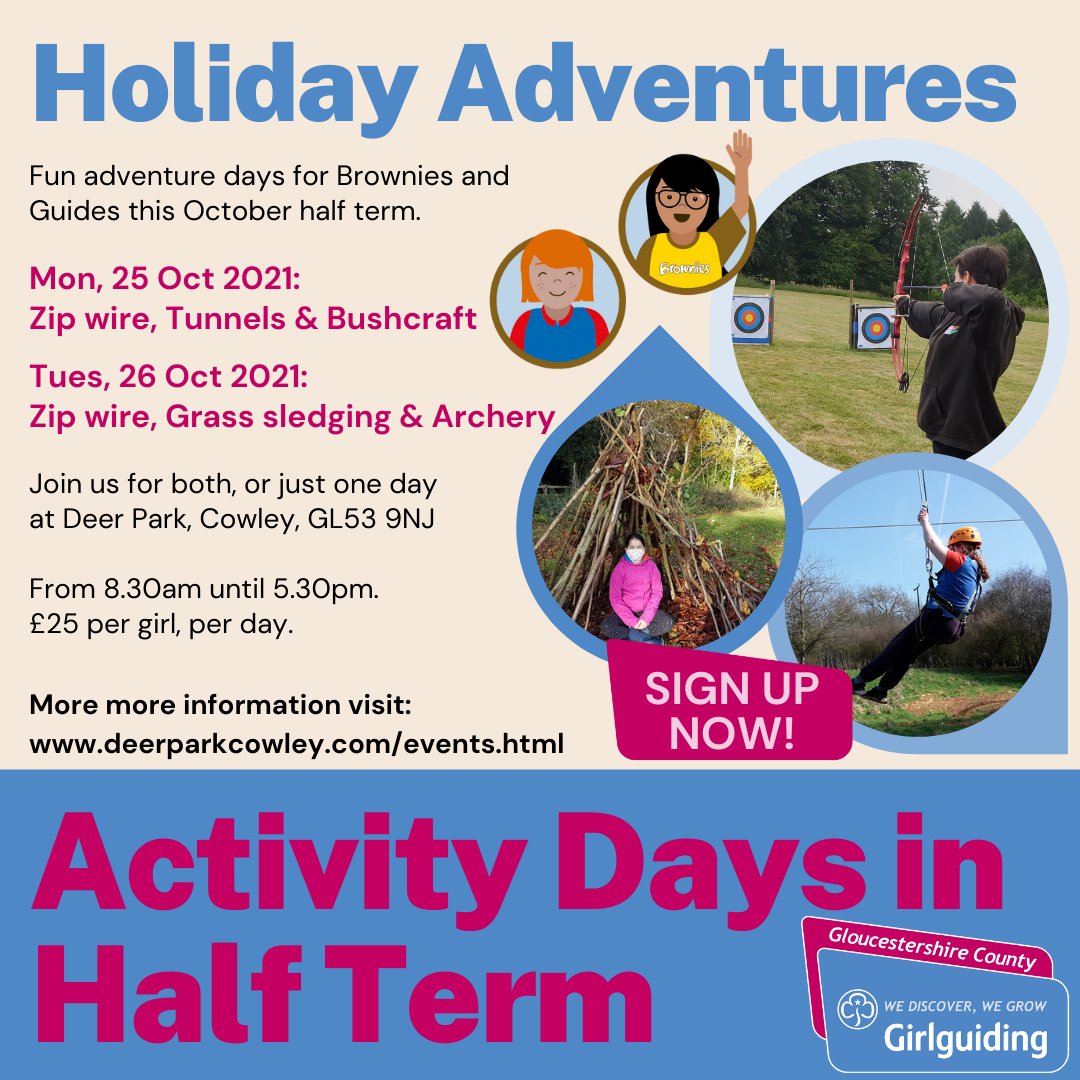 🏹 Introducing our new HOLIDAY ADVENTURES. ⚽
A holiday club for Brownies and Guides at Deer Park, Cowley, Cheltenham. 
Our pilot sessions are running during the October Half term and there are limited spaces so book early to avoid disappointment. deerparkcowley.com/events.html