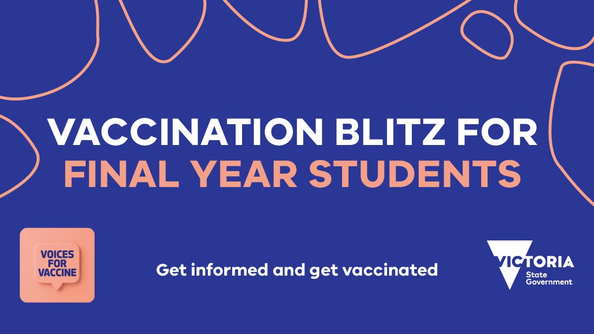 A vaccination blitz will begin on Tuesday 7 September for final year school students, their teachers and VCE exam supervisors and assessors, who will have access to priority timeslots to attend their #COVIDVaccine centre appointment – or book both doses via a dedicated hotline.
