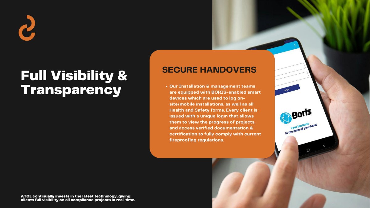 atol_fire's tweet photo. Full Visibility &amp; Transparency + Secure Handovers 

Our operations and management teams are equipped with ATOL-BORIS enabled smart devices which are used to log on-site/mobile installations.

https://t.co/D6XN8lGdqR 

#fire #firestopping #firesafety #intumescent #fireprotection https://t.co/9RoYBhCbEF