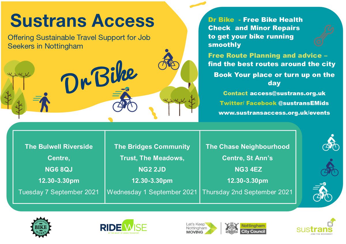 SustransEMids's tweet photo. Miss us in the Meadows yesterday? Come find us at the St Annβs Chase this afternoon for free bike checks and travel support for jobseekers.We are at the Bulwell Riverside next Tuesday too! #sustransaccess @RenewalTrust @my_stanns @JCPInNotts @nottmjobs @MyBulwell @RebalanceNn https://t.co/icnSjESLlr