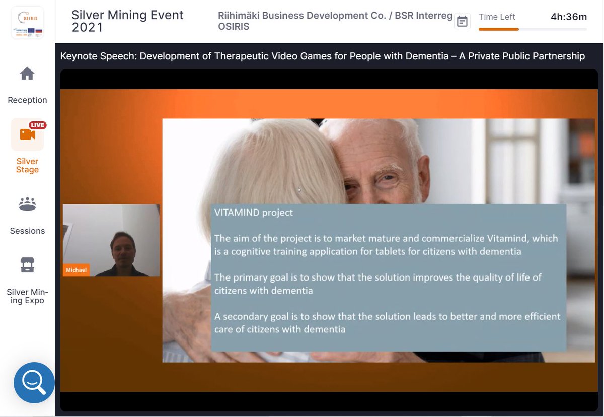 Very interesting keynote speeches in the #SilverMiningEvent2021 today! You can still join the event: app.hopin.com/events/silver-…

Now on stage: <a href="/smaerup_michael/">Michael Smærup</a> from <a href="/VIAuniversity/">VIA University College</a> : "Development of Therapeutic Video Games for People with Dementia"

<a href="/InterregBSR/">Interreg Baltic Sea Region</a> #OSIRISInterregBSR