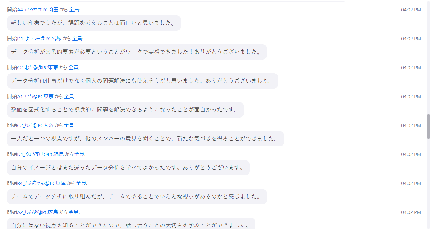 株式会社メンバーズ新卒採用チーム 参加学生からの感想をチラ見せ 皆さん楽しみながらデータ分析について学んでいただいたようで良かったです 個人ではなくチームでワークをすることでまた違った視点の気付きとかもあって面白いですよね サマー