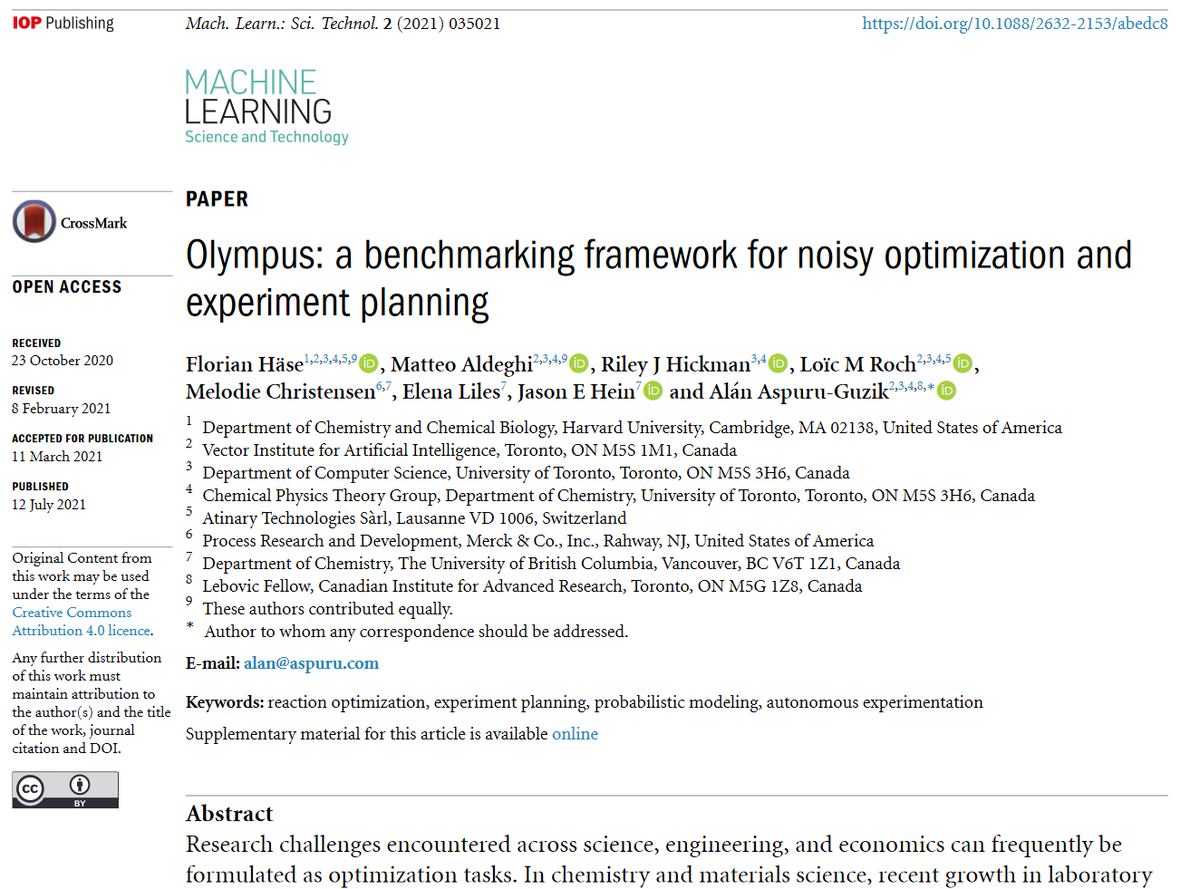 MLSTjournal's tweet photo. 'Olympus: a benchmarking framework for noisy #optimization.....' by @florian_hase @matteo_aldeghi @A_Aspuru_Guzik @ElenaScully @procrastiprof @loic_roch @chemchristensen @UofT @chemuoft @CIFAR_News hits 1000 downloads!- https://t.co/vnmdtrkIit #compchem #machinelearning #opendata https://t.co/SZf3GJrtfH