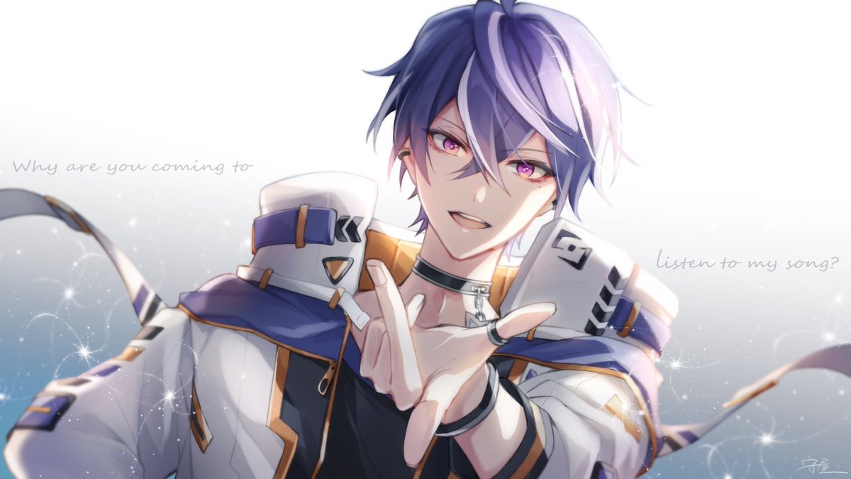 1boy male focus solo purple eyes looking at viewer jewelry purple hair  illustration images