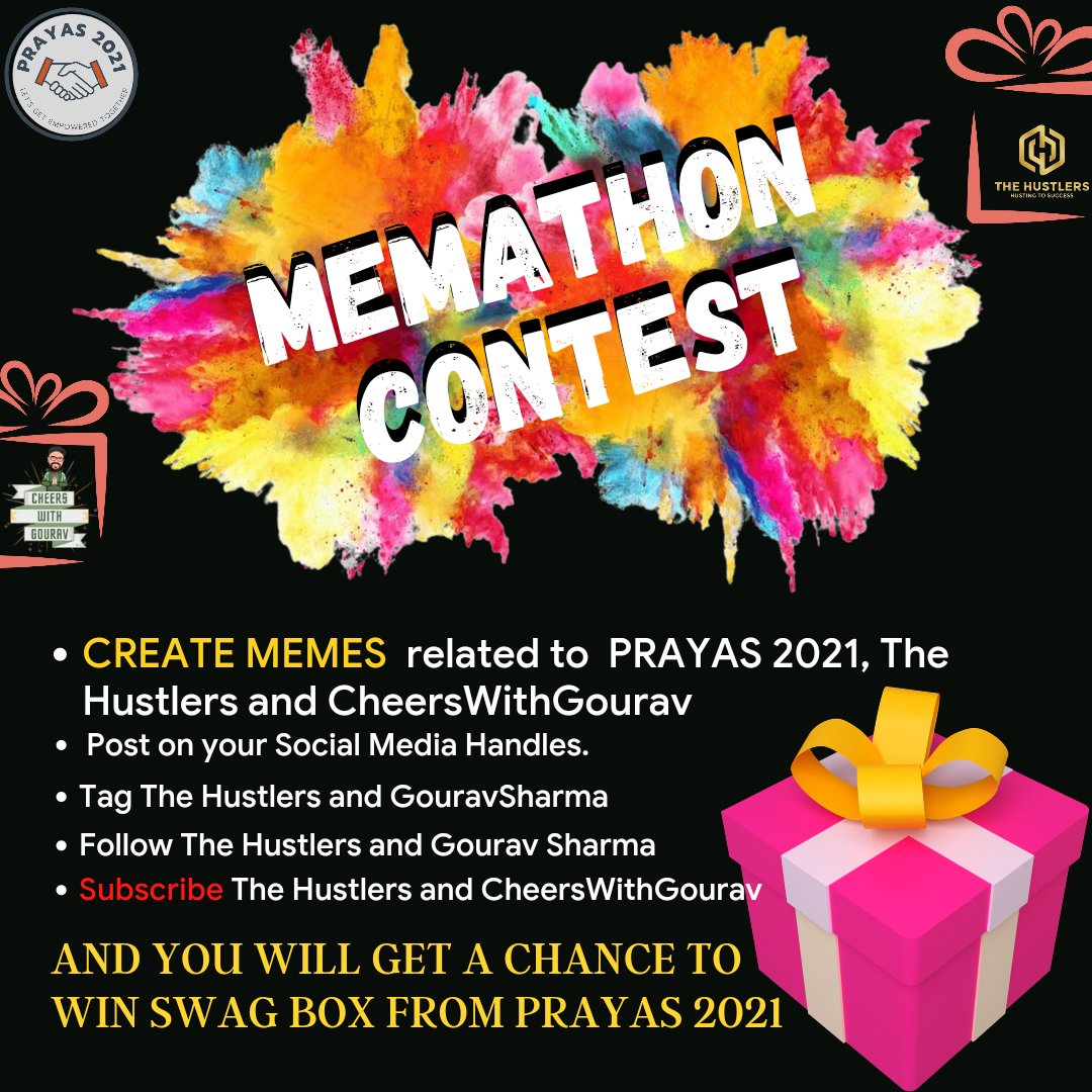 TheHustlers_'s tweet photo. Memathon contest:-
It's presented by The Hustlers and Gourav Sharma.
Participate in the contest and win amazing swag boxes.
-Follow and tag:- @thehustlersgallery @rhcasharma
- Use hashtags #prayas #memesforprayas #thehustlers #cwg
Keep Learning!! Keephustling!! https://t.co/fgETV4R9Rv