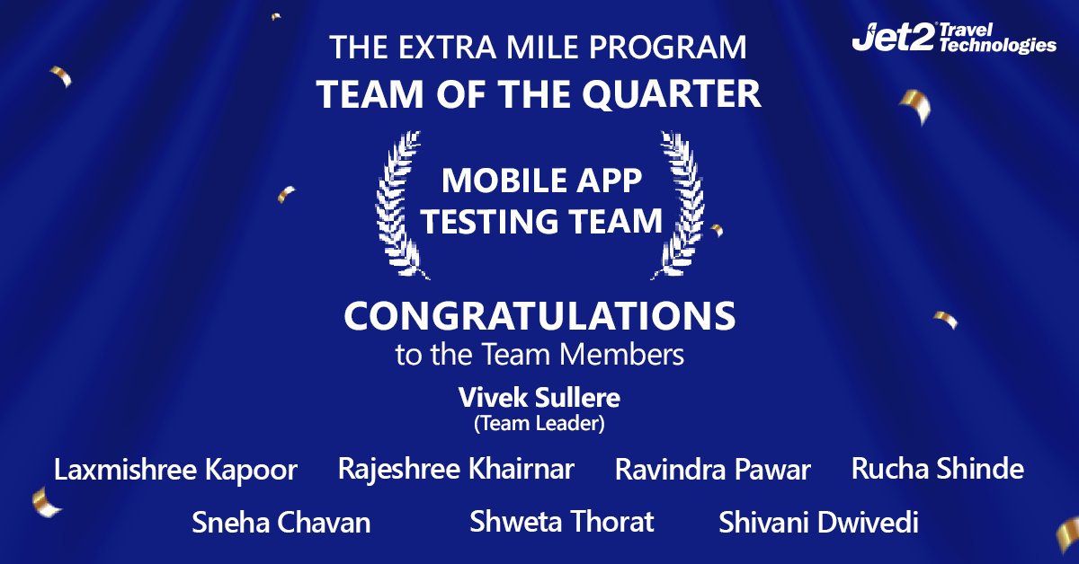 A big hand👏 to the Mobile App Testing Team for winning the #TeamOfTheQuarter Award (April-June).

The dedication that each of you has shown to lead this project, and all your accomplishments, are very highly valued by everyone here at #Jet2TT.

#Jet2TravelTechnologies