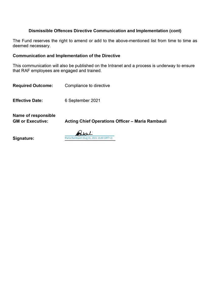 Road Accident Fund: 
Dismissible Offences Management Directive - 31 August 2021 Final Version - signed