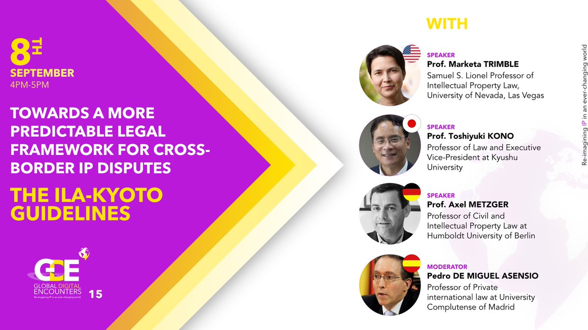fide_fundacion's tweet photo. Next Wednesday, Sept. 8th at 4 pm we'll hold the 15th #GlobalDigitalEncounters!

The topic: Towards A More Predictable #LegalFramework For Cross-Border #IntellectualProperty Disputes: The @ILA_official-Kyoto Guidelines

More info and registration 👇👇
https://t.co/k2nhwdMlob https://t.co/CEoPkyGirZ
