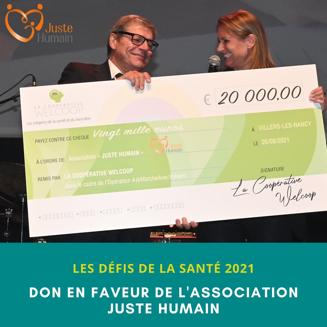 LaCoopWelcoop's tweet photo. La Coopérative Welcoop est fière d’avoir pu remettre à la Fondatrice de l’#association @JusteHumain1 un chèque de 20 000 € grâce aux opérations « Sport en tête » et #JMAY. Nous vous invitons également à faire un #don en soutien à l'association -> https://t.co/FfP2faCFWH https://t.co/Cgg2CBGPID