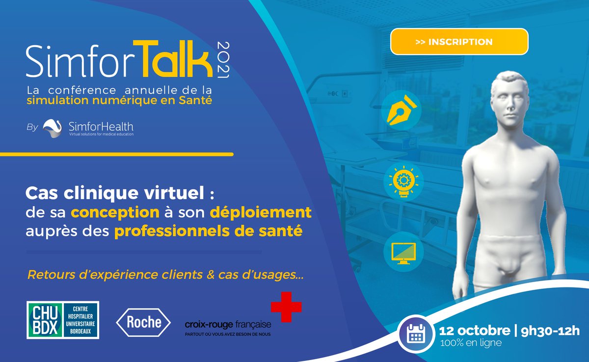 SimforHealth's tweet photo. #SaveTheDate SimforTalk : la conférence annuelle de la #simulation numérique en #santé de @SimforHealth  

💡 Cas clinique virtuel : de sa conception à son déploiement auprès des professionnels de santé
🗓️ Mardi 12 octobre, 9h30 - 12h30

📌 Inscriptions : https://t.co/DJDoZ3ElPq https://t.co/DIqHejsZSE
