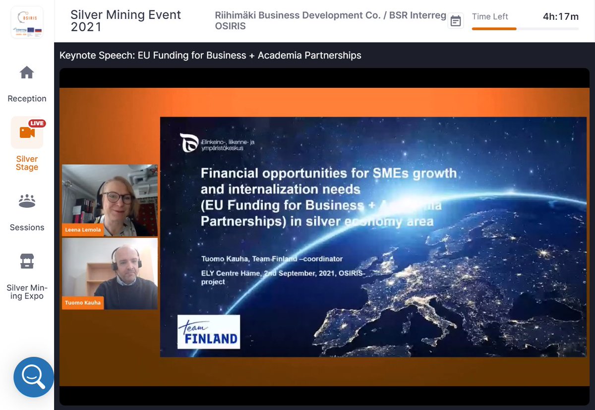 #SilverMining2021 LIVE NOW! On stage:

Tuomo Kauha from @HELYkeskus / Finland:

"EU Funding for Business + Academia Partnerships"

You can still join the event: app.hopin.com/events/silver-…
Welcome!

<a href="/InterregBSR/">Interreg Baltic Sea Region</a> #EUFunding #OSIRISInterregBSR #Smartspecialization #Silvereconomy