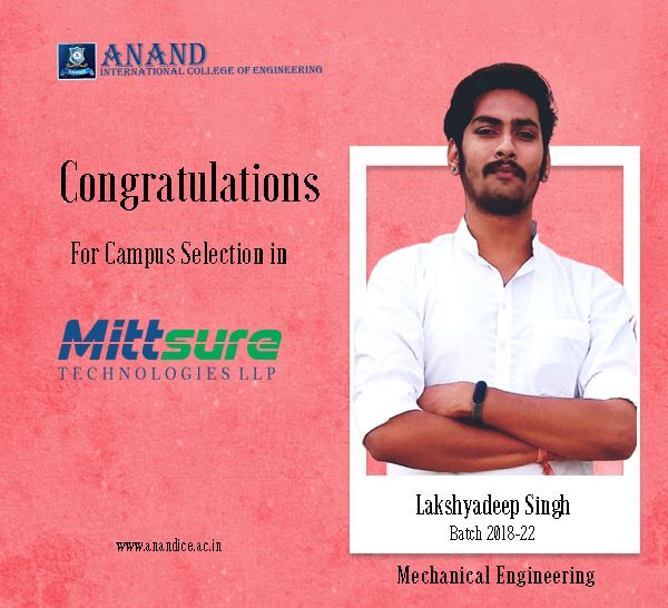 AnandcollegeEng's tweet photo. Congratulations Lakshyadeep Singh for campus selection in Mittsure Technologies.
#AnandICE #AnandJaipur #Campusplacement #Anandplacement #Mittsure #Lifeatanand #Anandiceplacement https://t.co/5igIisK7XE