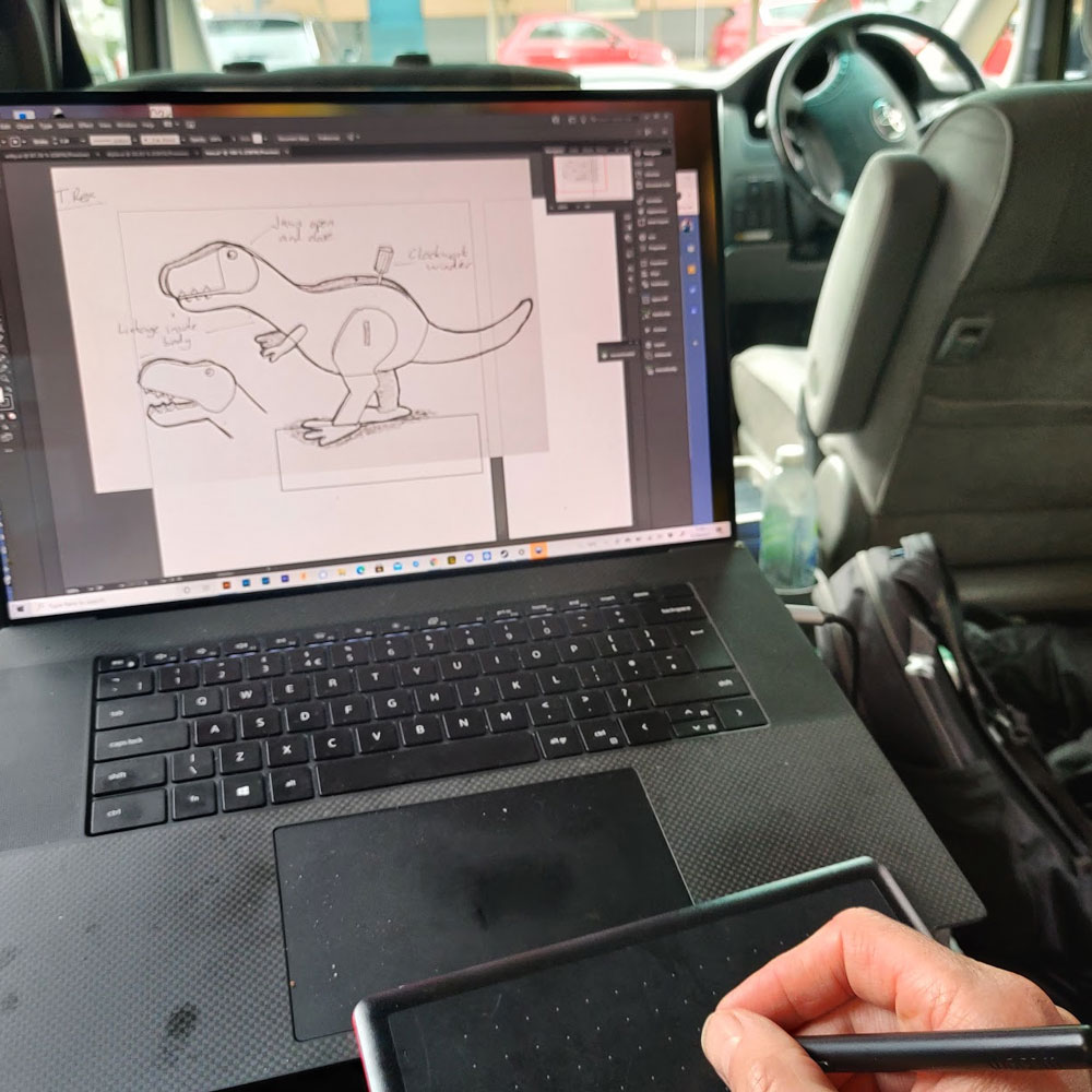 robives's tweet photo. Working in the Van. #vanlife #dinosaur #automata #slottogether #maker https://t.co/JRd6Kei5hY