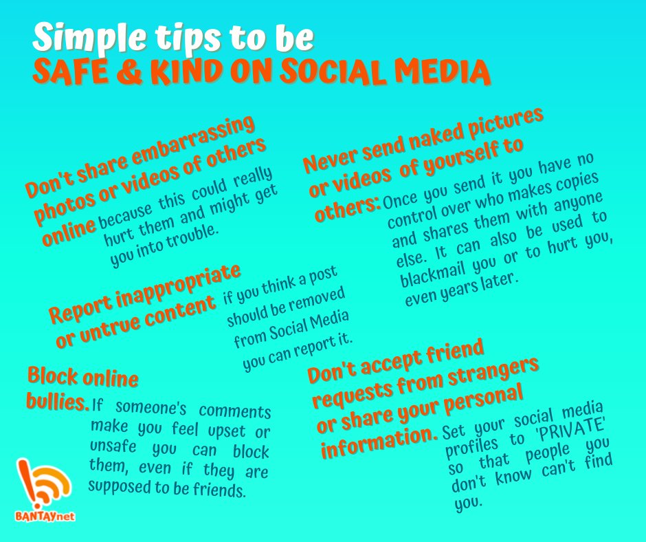 BantaYnet's tweet photo. When we talk about being safe online, this includes things we can do for our own safety AND the safety of others.  Follow these simple tips to make #SocialMedia a safer place for everyone. 🧡 https://t.co/3DrD51aYwt