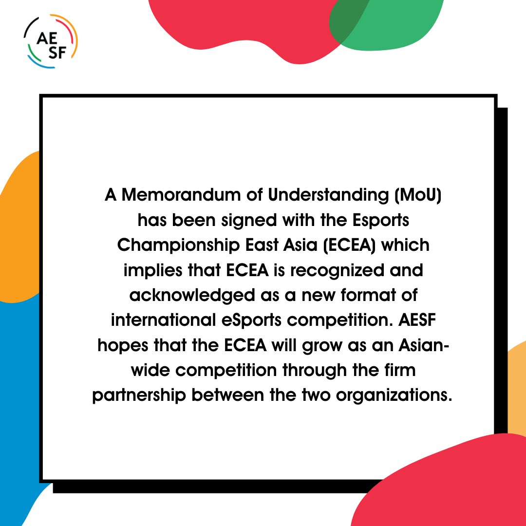 A Memorandum of Understanding (MoU) has been signed with the Esports East Asia Championships (ECEA) recognising it as a new format of international Esports Competition.