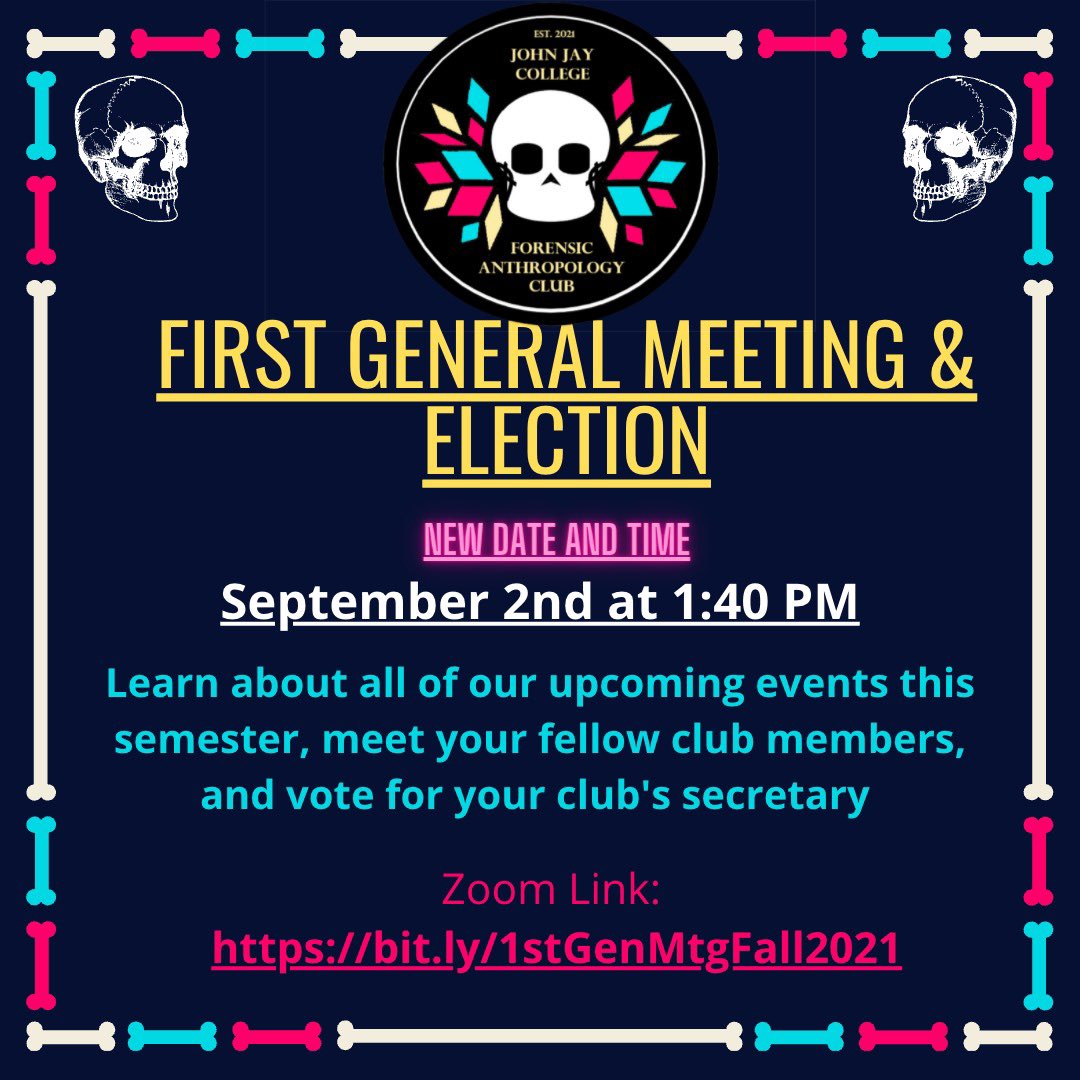 JJCFOSANT's tweet photo. We’re excited to have our first meeting TODAY at 1:40pm!
Register: https://t.co/mwrZaJxlxO
Please come find out about our events this year and vote for our new secretary!
#JJCFOSANT #forensicanthropology #johnjaycollege #firstmeetingofthesemester https://t.co/9yLygbwJiZ