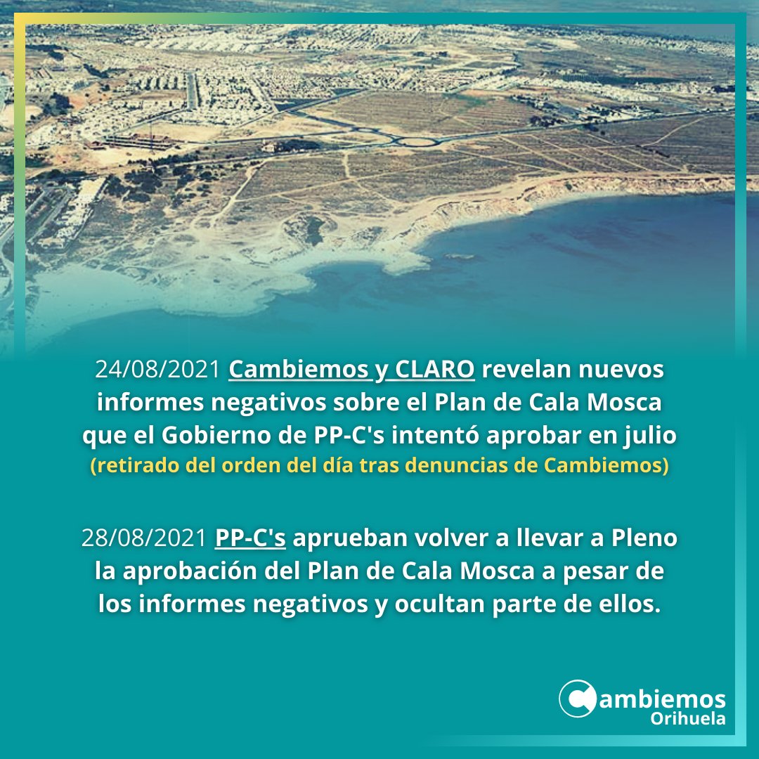 CambiemOrihuela's tweet photo. El Gobierno Local aprueba la modificación del Plan para la Construcción de la urbanización en Cala Mosca. Con informes y l@s vecin@s en contra. Con la desfachatez de decir que van a proteger la fauna y la flora endémica. Sí, construyendo encima. #SOSCalaMosca https://t.co/RlTj9TmINP