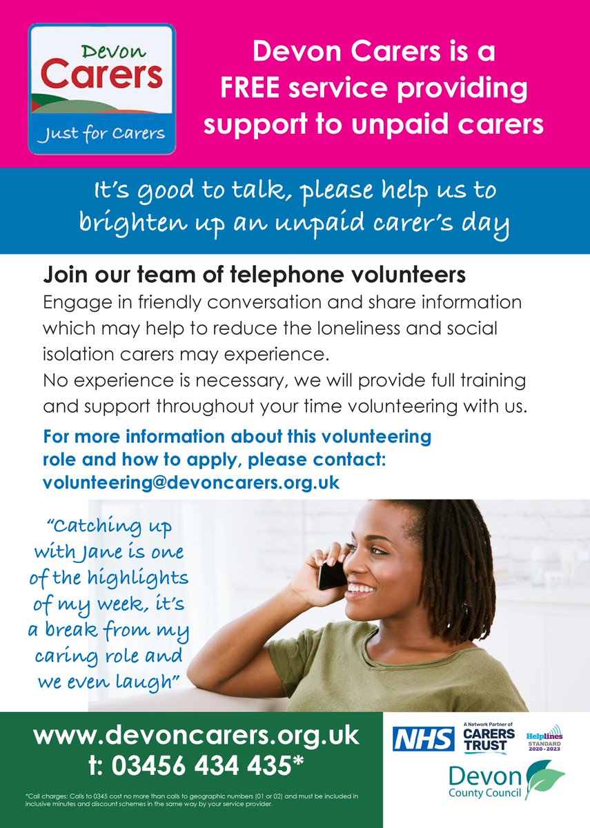 DevonCarers's tweet photo. Become a #TelephoneVolunteer with #DevonCarers!
As an #UnpaidCarer, receiving the right support at the right time makes a big difference. Friendly wellbeing calls reduce loneliness in carers. Full support & training supplied, email for more info: volunteering@devoncarers.org.uk https://t.co/rod1IGfqLR