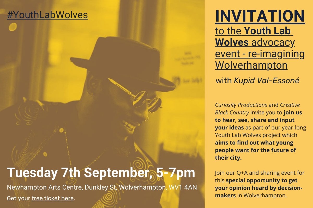 CreativeBCuk's tweet photo. **INVITATION** For our #YouthLabWolves project we are working with @CuriosityProd to host an advocacy event at @Newhampton on Tuesday 7th September where we'll be looking at the changing face of the city to re-imagine what young people would like to see in the future. https://t.co/ZWTcsCNuen