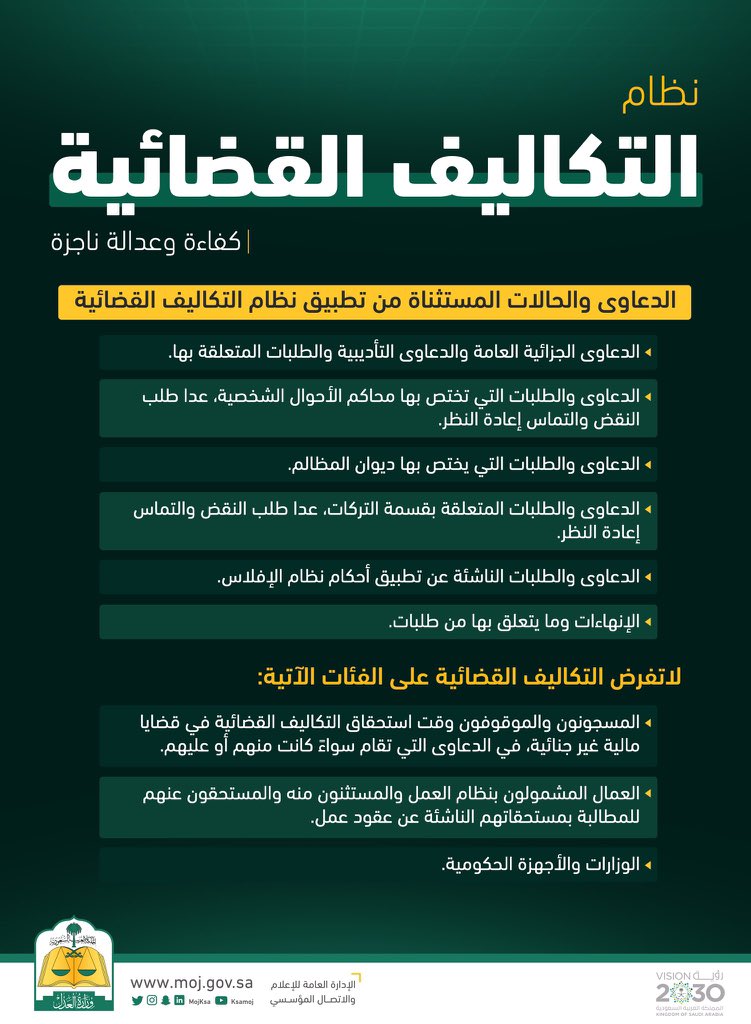 law_b1's tweet photo. إيضاحات نظام #التكاليف_القضائية الجديد ؛
- أهداف النظام 
- آلية حساب التكاليف القضائية للطلبات والدعاوى 
- الدعاوى والحالات المستثناة من التكاليف
- متى ترد التكاليف القضائية ؟ https://t.co/W4HQpFHtoY