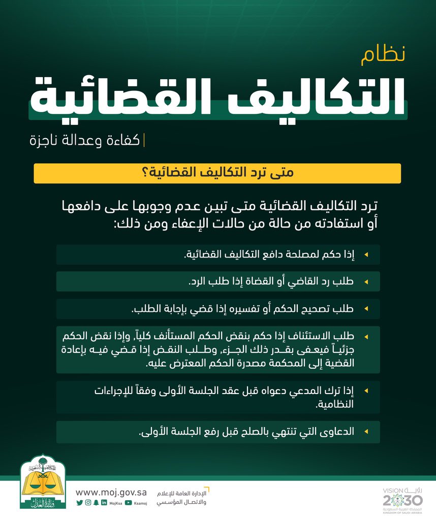 law_b1's tweet photo. إيضاحات نظام #التكاليف_القضائية الجديد ؛
- أهداف النظام 
- آلية حساب التكاليف القضائية للطلبات والدعاوى 
- الدعاوى والحالات المستثناة من التكاليف
- متى ترد التكاليف القضائية ؟ https://t.co/W4HQpFHtoY