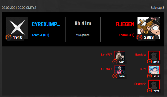Hallo liebe FLIEGER! Wir spielen heute Abend gegen CYREX.IMPACT in der 99Damage Liga. Gegen Level 9 avg benötigt es keinen IGL, somit geht <a href="/G2Swani/">Jan</a> in den wohlverdienten Urlaub und wir treten heute mit unserem Manager &amp; Investor @fELIXSAn92 an🚀