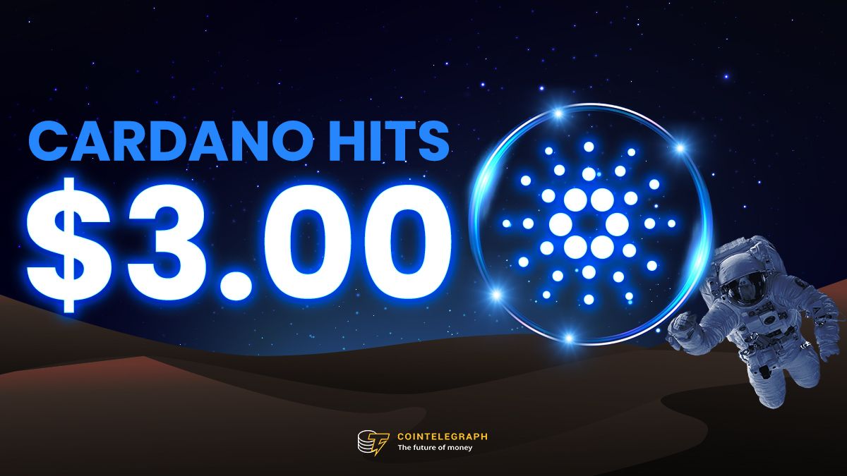 Cointelegraph's tweet photo. Cardano hits $3 as smart contracts functionality gets deployed on its Testnet. 

Is it time to long $ADA? https://t.co/Jiha4Zbx5h