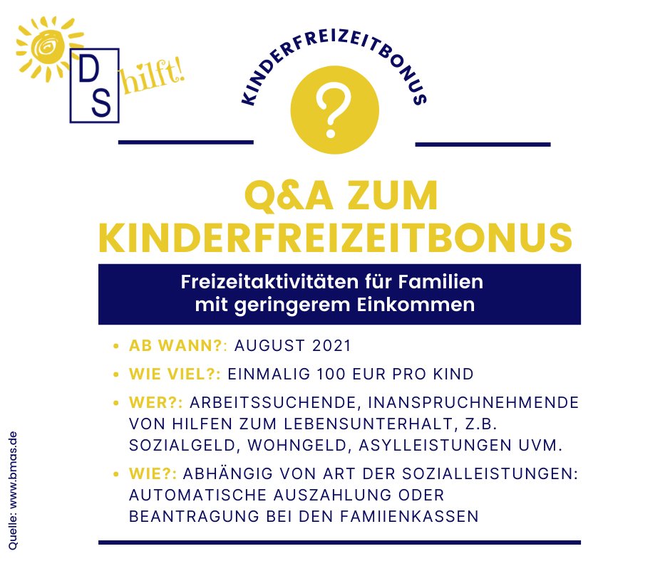 DS_hilft's tweet photo. Um Familien mit geringerem Einkommen mehr Freizeitaktivität zu ermöglichen, gibt es seit dem 1. August den Kinderfreizeitbonus in Höhe von einmalig 100 € pro Kind (unter 18 Jahre alt). 🎬🎳

https://t.co/Mi2OkKn8eE  

#Kinderfreizeitbonus #sozialhilfen #familie #kinder https://t.co/ASPK9WTHTH