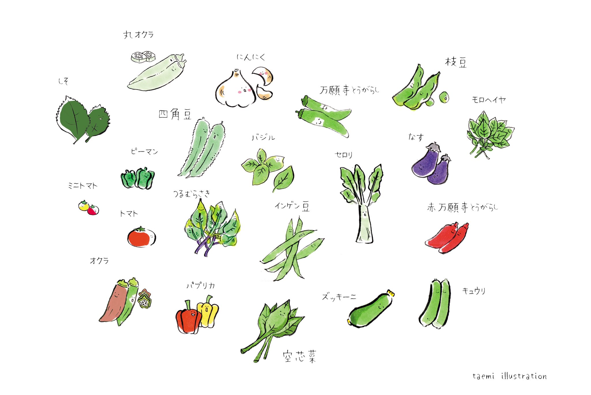 Taemi お仕事で 旬のお野菜を描く機会を 春からいただいてまして こんなに集まりました お野菜村ができそうです ちょっぴり お野菜に詳しくなってきた 自分が楽しいこの頃 野菜 イラスト T Co S8fwj3m9v6 Twitter