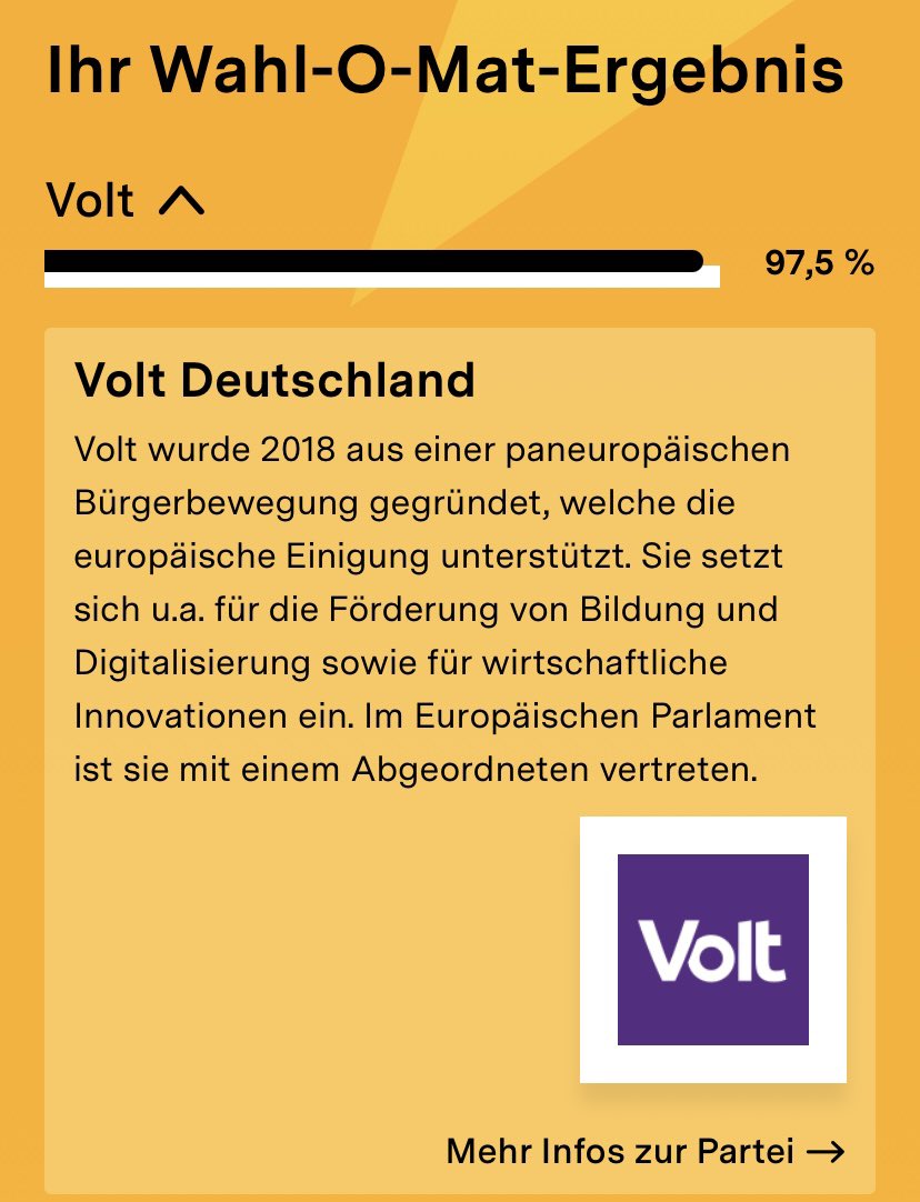 VolzMaximilian's tweet photo. Das liest man doch gerne. Meine Stimme geht wohl klar an #Volt 😋
Was ist dein Ergebnis? https://t.co/uBdKEX1VUS