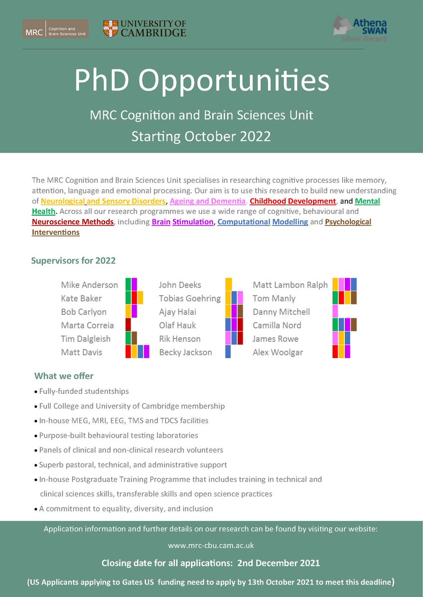 MRC Cognition and Brain Sciences Unit (@mrccbu) on Twitter photo Fantastic opportunities to study here at the <a href="/mrccbu/">MRC Cognition and Brain Sciences Unit</a>
Full details can be found on our website:
mrc-cbu.cam.ac.uk/studentships/
#studentships #cambridgestudentships Fantastic opportunities to study here at the <a href="/mrccbu/">MRC Cognition and Brain Sciences Unit</a>
Full details can be found on our website:
mrc-cbu.cam.ac.uk/studentships/
#studentships #cambridgestudentships