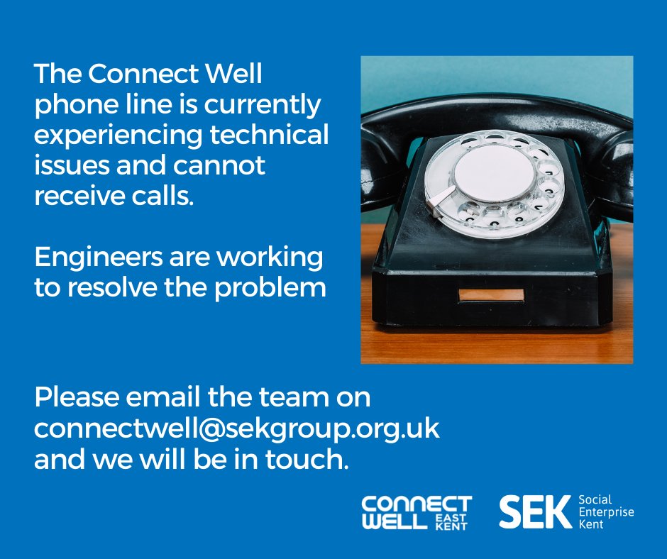 Connect Well East Kent (@cwek_eastkent) on Twitter photo Sorry to say our phone lines are experiencing some technical glitches - please email connectwell@sekgroup.org.uk if you need help and the team will be in touch. <a href="/CarersEK/">Carers’ Support East Kent</a> Sorry to say our phone lines are experiencing some technical glitches - please email connectwell@sekgroup.org.uk if you need help and the team will be in touch. <a href="/CarersEK/">Carers’ Support East Kent</a>