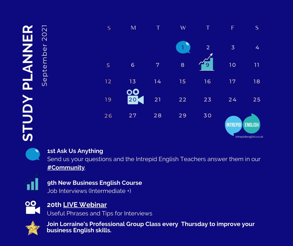 🌟Intrepid English’te Eylül ayı! 🌟
Takvimin detaylarını görmek ve katılmak istediğiniz ücretsiz aktivitelerimiz için yerinizi ayırtmak için linke tıklayın! 📅
buff.ly/2PUkeiN #events #comingup #savethedate #studyplanner #2021 #calendar #askusanything #learnenglishonline