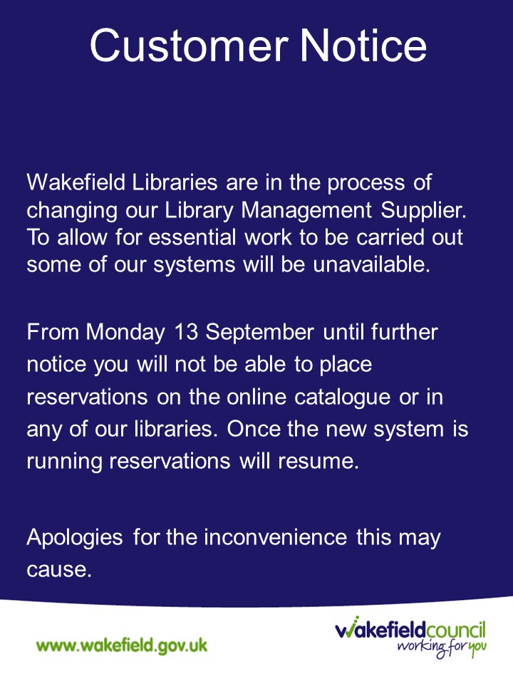 WFlibraries's tweet photo. Exciting times for #WakefieldLibraries as we move on to a new library management system. Please be aware that our online catalogue will not be available from 13 September whilst we transition to the new system #stanleylibrary #airedalelibrary #wakefieldcouncil https://t.co/MyecnrFPZS