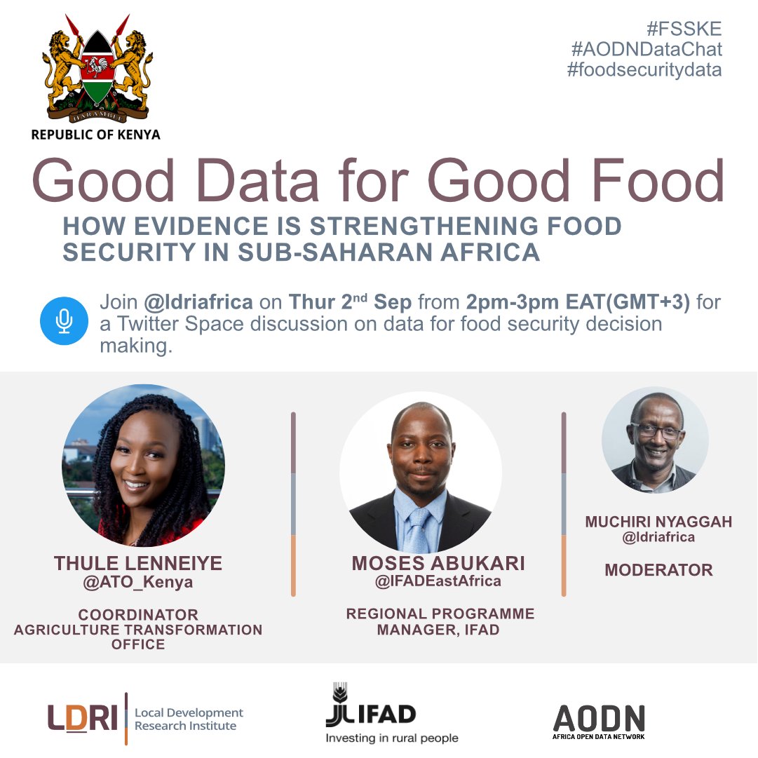 LDRI - Africa (@ldriafrica) on Twitter photo 🎯Happening soon!
How can we use #data to strengthen #foodsecurity systems in Sub-Saharan Africa?
For more insights on how this is possible, stay tuned for this timely discussion coming up at 2pm EAT with <a href="/missthool/">Thule Lenneiye</a> and <a href="/mosesyaw/">Moses Abukari</a>
#FssKE #AODNDataChat 🎯Happening soon!
How can we use #data to strengthen #foodsecurity systems in Sub-Saharan Africa?
For more insights on how this is possible, stay tuned for this timely discussion coming up at 2pm EAT with <a href="/missthool/">Thule Lenneiye</a> and <a href="/mosesyaw/">Moses Abukari</a>
#FssKE #AODNDataChat