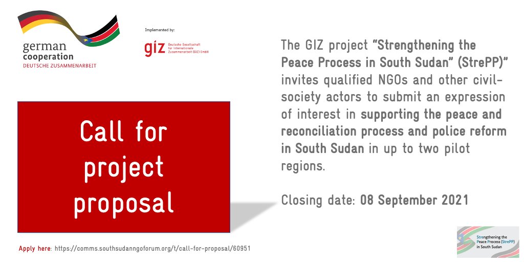 GERinSSD's tweet photo. Are you an NGO or civil society org. with experience in supporting the #peace &amp; #reconciliation process in 🇸🇸?

Supported by @AuswaertigesAmt and @GERinSSD, @GIZ_SouthSudan invites YOU to submit your project proposals for strengthening the peace process:

https://t.co/g17tCrnQb3 https://t.co/RRsYDbj6yD
