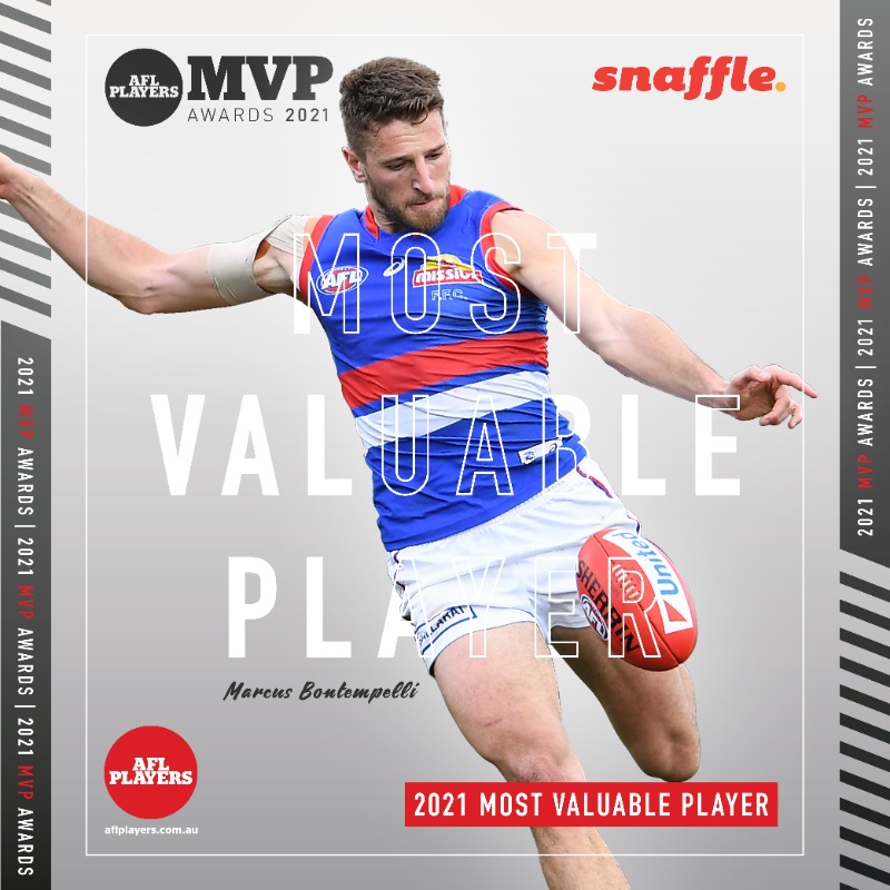 AFLPlayers's tweet photo. Congratulations to the @westernbulldogs captain on being voted by his peers as this year’s @AFLPlayers’ Most Valuable, proudly presented by Snaffle. 

Marcus takes home the coveted Leigh Matthews Trophy, becoming the first Bulldog to do so since Luke Darcy in 2002 👏